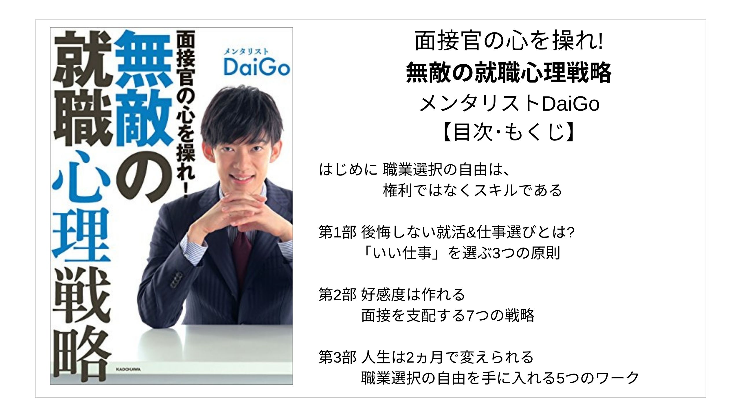 【目次】面接官の心を操れ! 無敵の就職心理戦略 / メンタリストDaiGo【要点･もくじ】 モクホン 本の目次を読むサイト もくじ