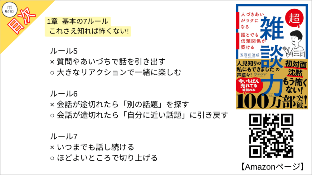【超雑談力 目次】1章 基本の7ルール これさえ知れば怖くない!【五百田達成･要約･もくじ】

ルール1
× がんばっておもしろい話をしようとする
○ ただ会話のラリーを続ける

ルール2
× 情報交換をする
○ 気持ちをやりとりする

ルール3
× 時事ネタやニュースを話す
○ エピソードや経験談を話す

ルール4
× 否定してアドバイスする
○ 肯定して共感する

ルール5
× 質問やあいづちで話を引き出す
○ 大きなリアクションで一緒に楽しむ

ルール6
× 会話が途切れたら「別の話題」を探す
○ 会話が途切れたら「自分に近い話題」に引き戻す

ルール7
× いつまでも話し続ける
○ ほどよいところで切り上げる