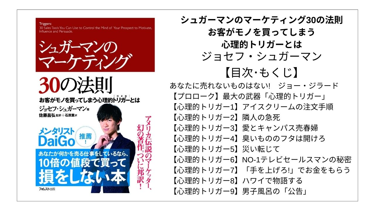 【全目次】シュガーマンのマーケティング30の法則 お客がモノを買ってしまう心理的トリガーとは / ジョセフ・シュガーマン【要点･もくじ】 モクホン 1分で成長するための本の目次を読むサイト