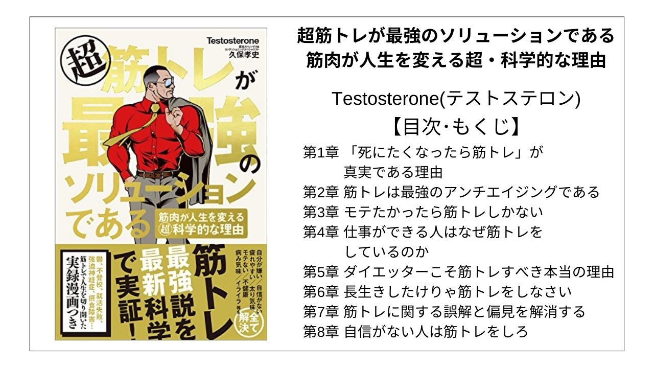 【全目次】超筋トレが最強のソリューションである 筋肉が人生を変える超・科学的な理由 / Testosterone(テストステロン)【要点･もくじ】 モクホン 1分で成長するための本の目次を読むサイト
