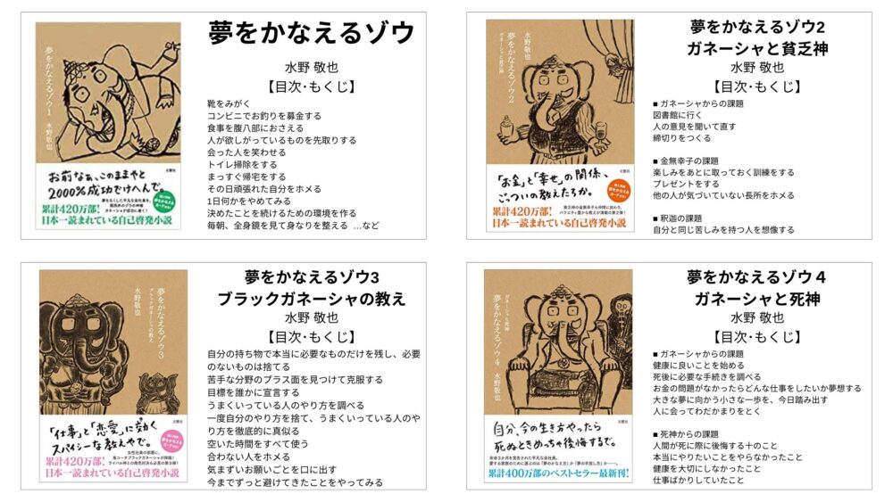 夢をかなえるゾウ 課題一覧 水野 敬也 要点 もくじ 評価感想 夢をかなえるゾウ モクホン