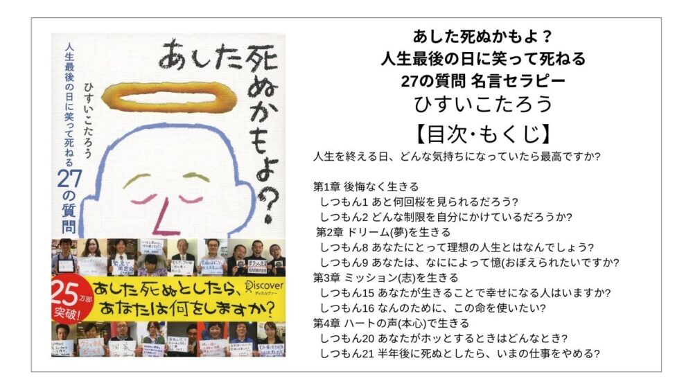 全目次 あした死ぬかもよ 人生最後の日に笑って死ねる27の質問 名言セラピー ひすいこたろう 要点 もくじ 評価感想 あした死ぬかもよ モクホン