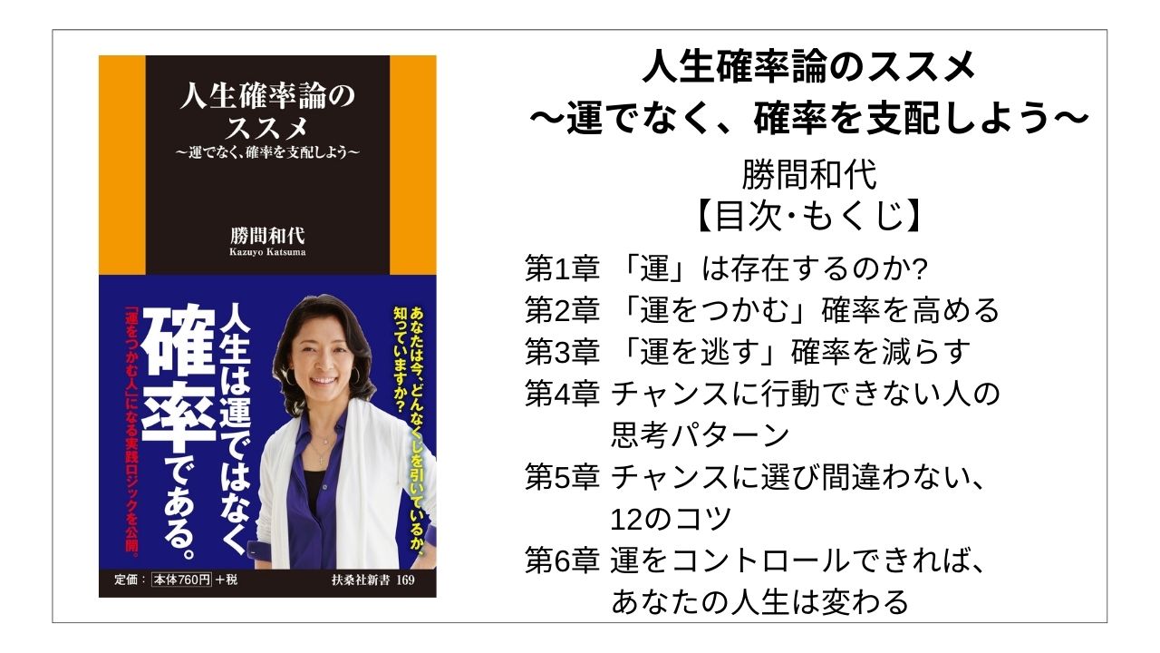 【全目次】人生確率論のススメ～運でなく、確率を支配しよう～ / 勝間和代【要点･もくじ】 モクホン 1分で成長するための本の目次を読むサイト mokuhon #勝間和代 #読書 #読書好きな人と繋がりたい