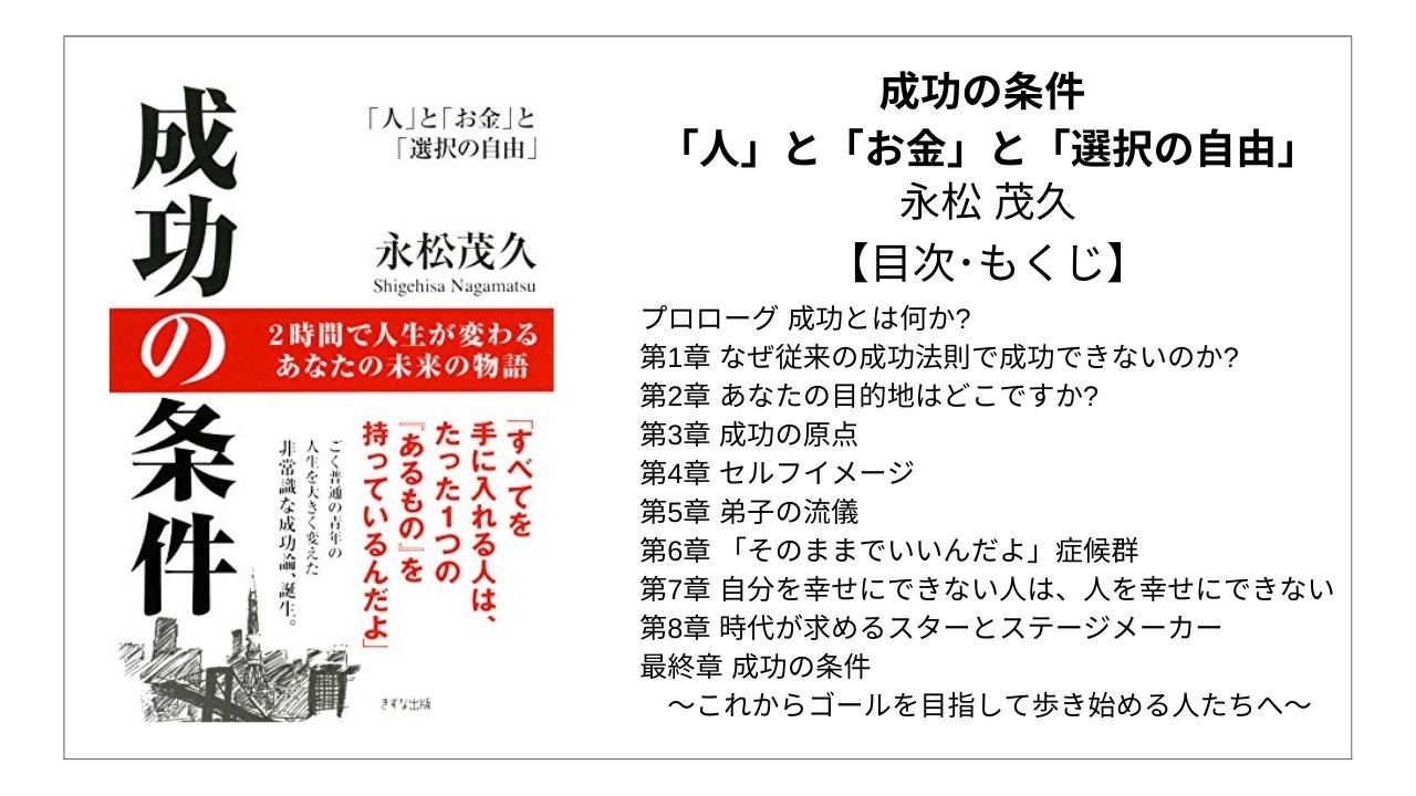 【全目次】成功の条件「人」と「お金」と「選択の自由」 / 永松茂久【要点･もくじ】 モクホン 1分で成長するための本の目次を読むサイト mokuhon #読書 #読書好きな人と繋がりたい