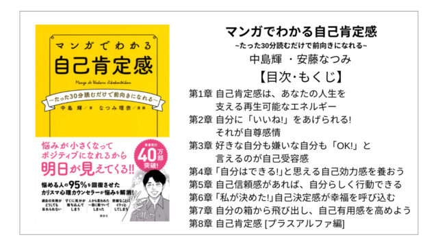 【全目次】マンガでわかる自己肯定感 ~たった30分読むだけで前向きになれる~ 中島輝・なつみ理奈【要約･もくじ･評価感想】 マンガでわかる自己肯定感 モクホン