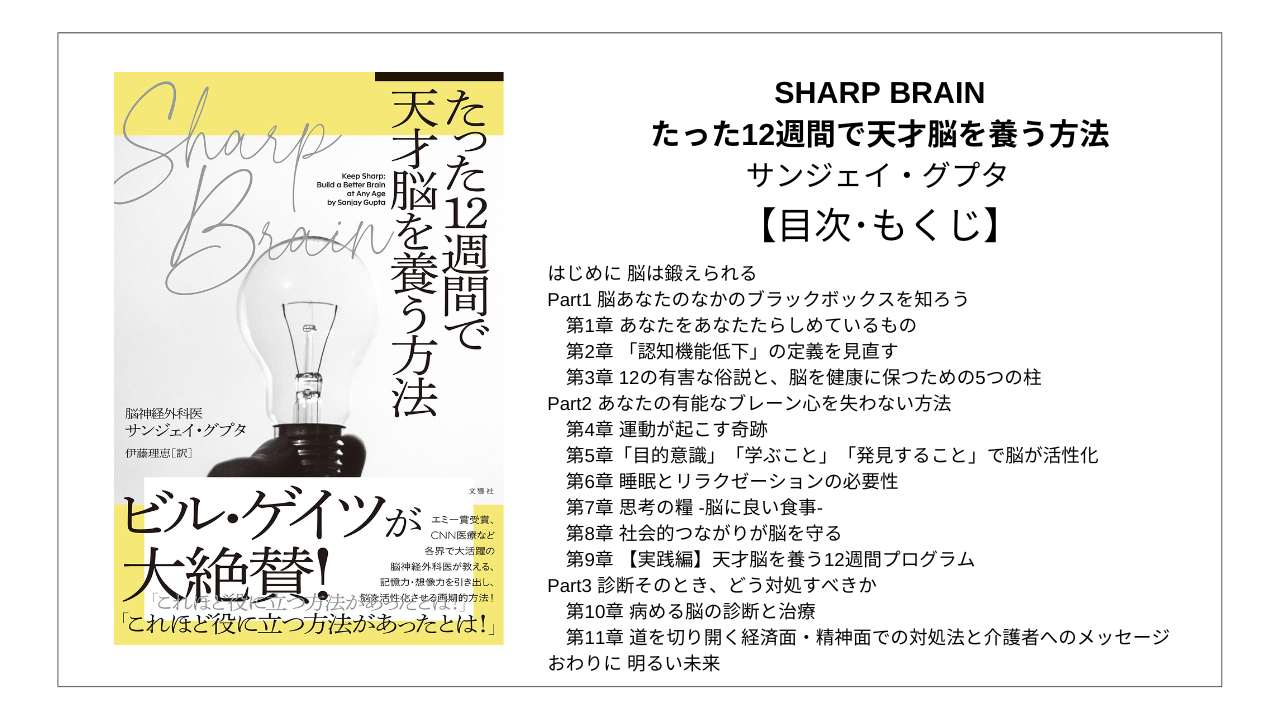 【全目次】SHARP BRAIN たった12週間で天才脳を養う方法 / サンジェイ・グプタ【要点･もくじ･評価感想】 #SHARPBRAIN #サンジェイグプタ