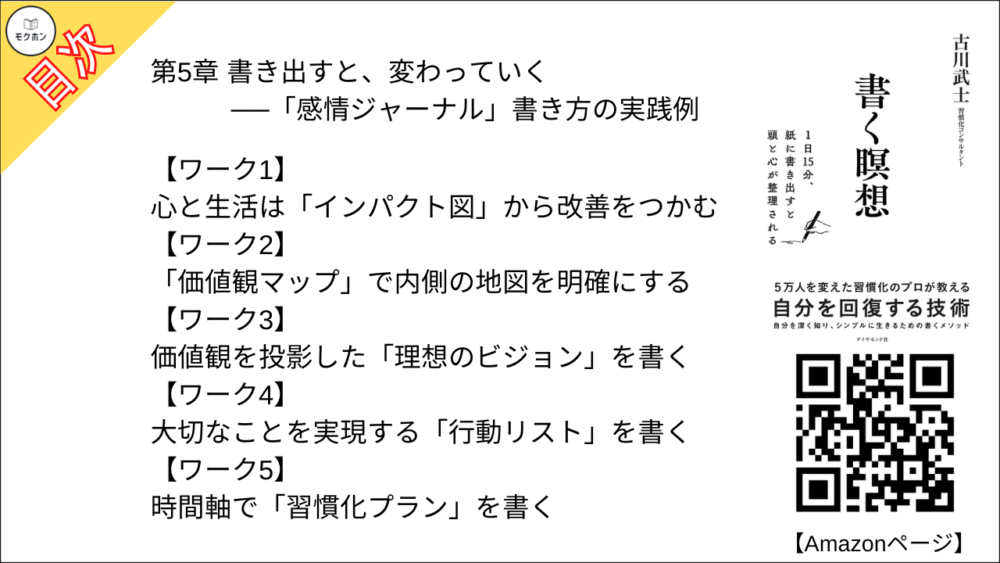 【書く瞑想 目次】第5章 書き出すと、変わっていく──「感情ジャーナル」書き方の実践例【古川武士･要点･もくじ】