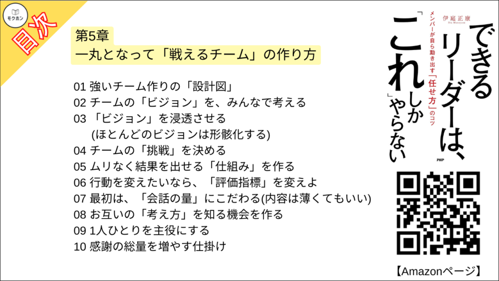 【できるリーダーは、「これ」しかやらない 目次】第5章 一丸となって「戦えるチーム」の作り方【伊庭正康･要点･もくじ】