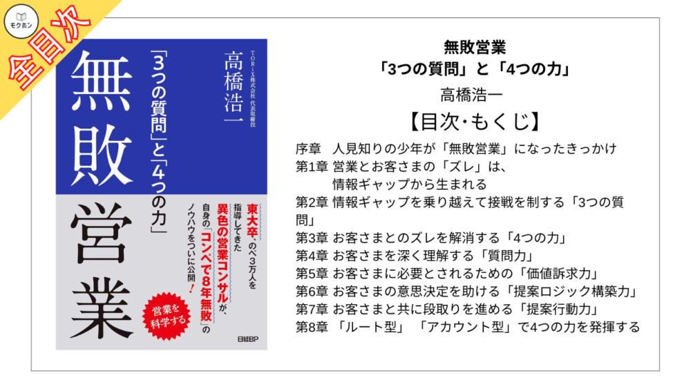 【全目次】無敗営業 「3つの質問」と「4つの力」  / 高橋浩一【要約･もくじ･評価感想】 #本物の気づかい #高橋浩一