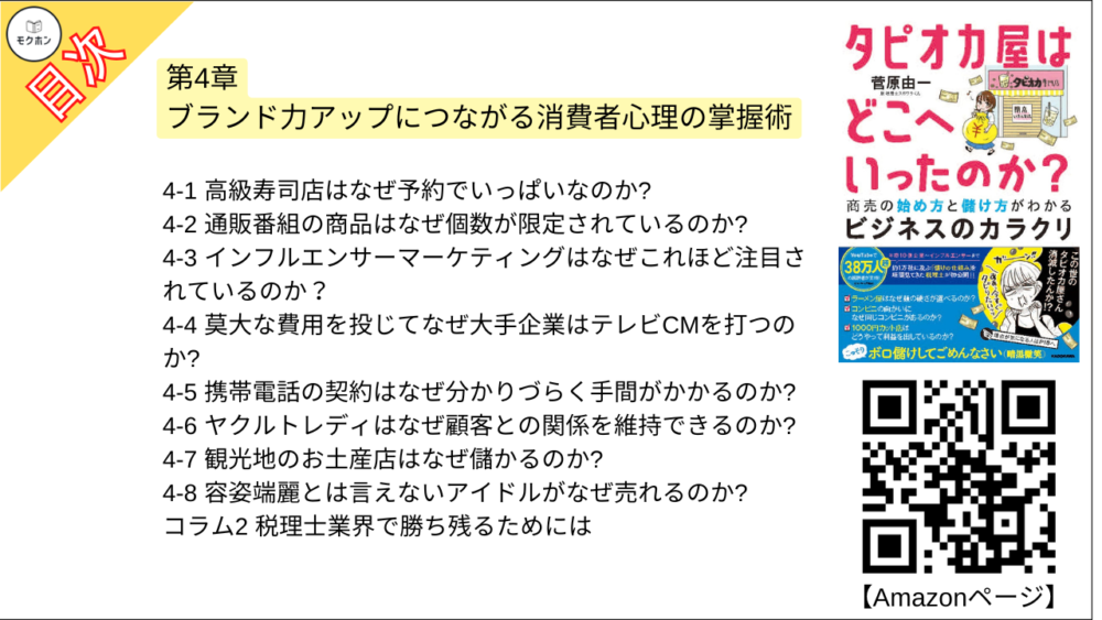 【タピオカ屋はどこへいったのか？ 目次】第4章 ブランド力アップにつながる消費者心理の掌握術【菅原由一･要点･もくじ】