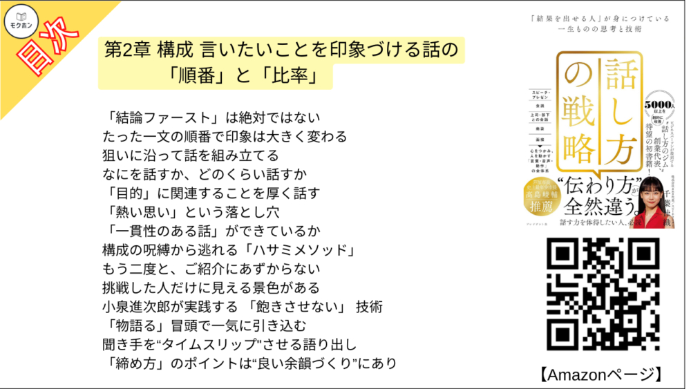 【話し方の戦略 目次】第2章構成 言いたいことを印象づける話の「順番」と「比率」【千葉佳織･要点･もくじ】