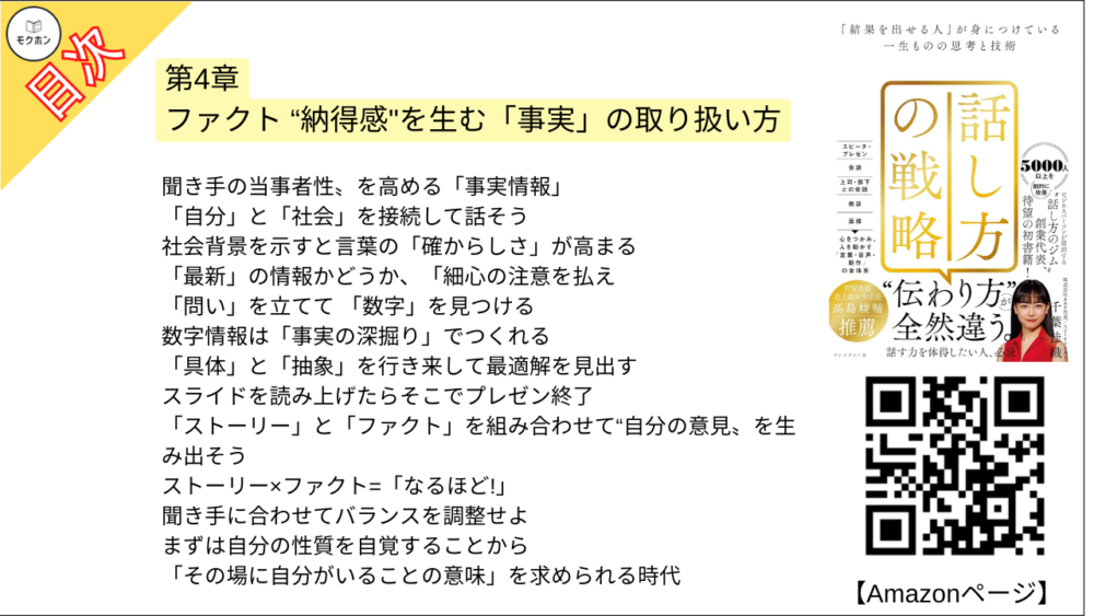 【話し方の戦略 目次】第4章 ファクト “納得感"を生む「事実」の取り扱い方【千葉佳織･要点･もくじ】