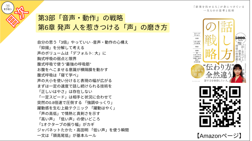 【話し方の戦略 目次】第3部「音声・動作」の戦略 第6章 発声 人を惹きつける「声」の磨き方【千葉佳織･要点･もくじ】