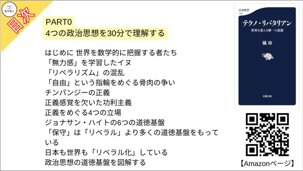 【テクノ・リバタリアン 目次】PART0 4つの政治思想を30分で理解する【橘玲･要点･もくじ】