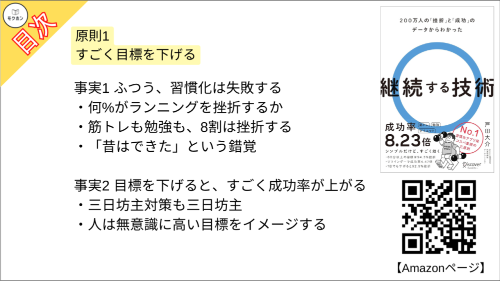 【継続する技術 200万人の「挫折」と「成功」のデータからわかった 目次】原則1 すごく目標を下げる【戸田大介･要点･もくじ】