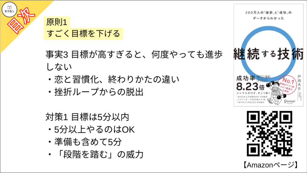 【継続する技術 200万人の「挫折」と「成功」のデータからわかった 目次】原則1 すごく目標を下げる【戸田大介･要点･もくじ】