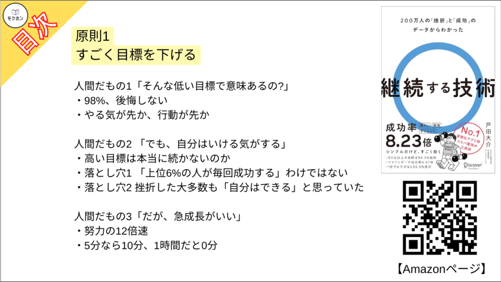 【継続する技術 200万人の「挫折」と「成功」のデータからわかった 目次】原則1 すごく目標を下げる【戸田大介･要点･もくじ】