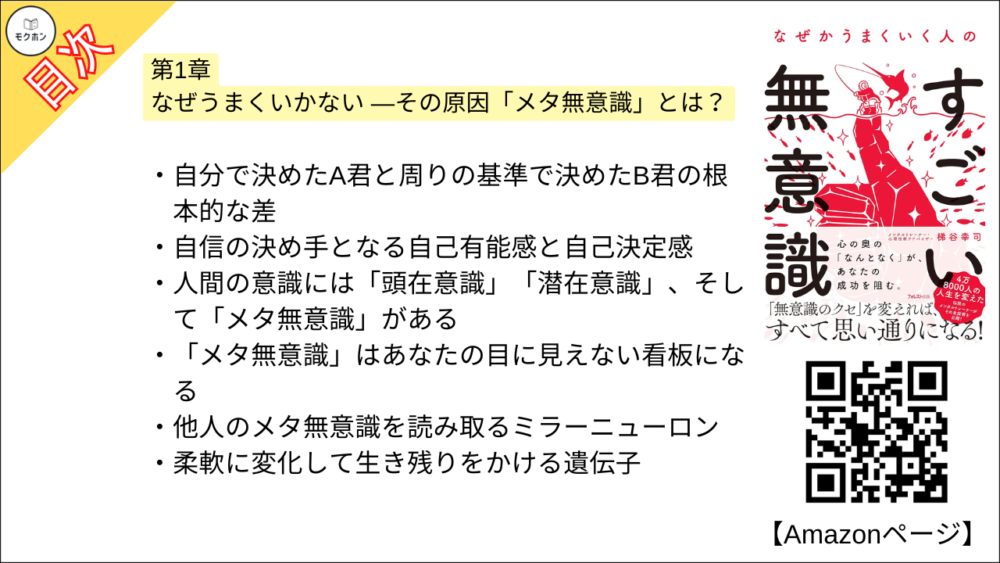 【なぜかうまくいく人のすごい無意識 目次】第1章 なぜうまくいかない ―その原因「メタ無意識」とは？【梯谷幸司･要点･もくじ】