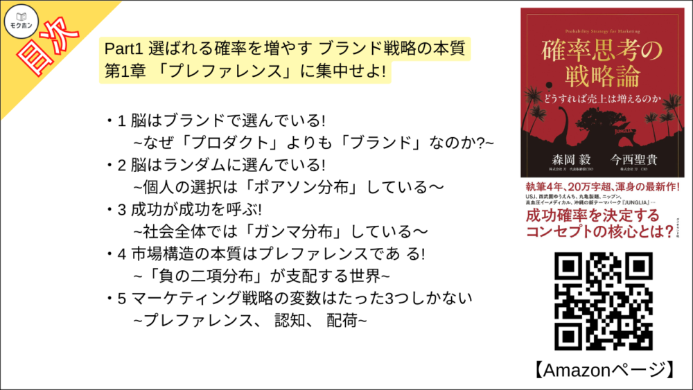 【確率思考の戦略論 目次】Part1 選ばれる確率を増やす ブランド戦略の本質 第1章 「プレファレンス」に集中せよ!【森岡毅･要点･もくじ】