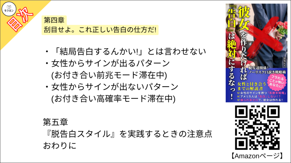 【彼女を作りたければ『告白』は絶対にするなっ！ 目次】第四章 刮目せよ。これ正しい告白の仕方だ!【狂気レイ･要点･もくじ】