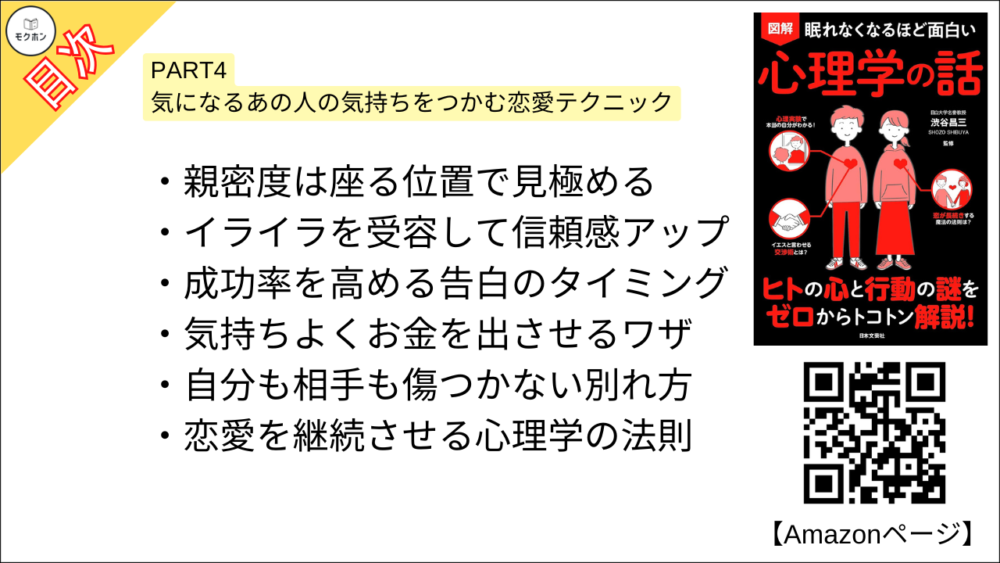 【眠れなくなるほど面白い 図解 心理学の話 目次】PART4 気になるあの人の気持ちをつかむ恋愛テクニック【渋谷昌三･要点･もくじ】