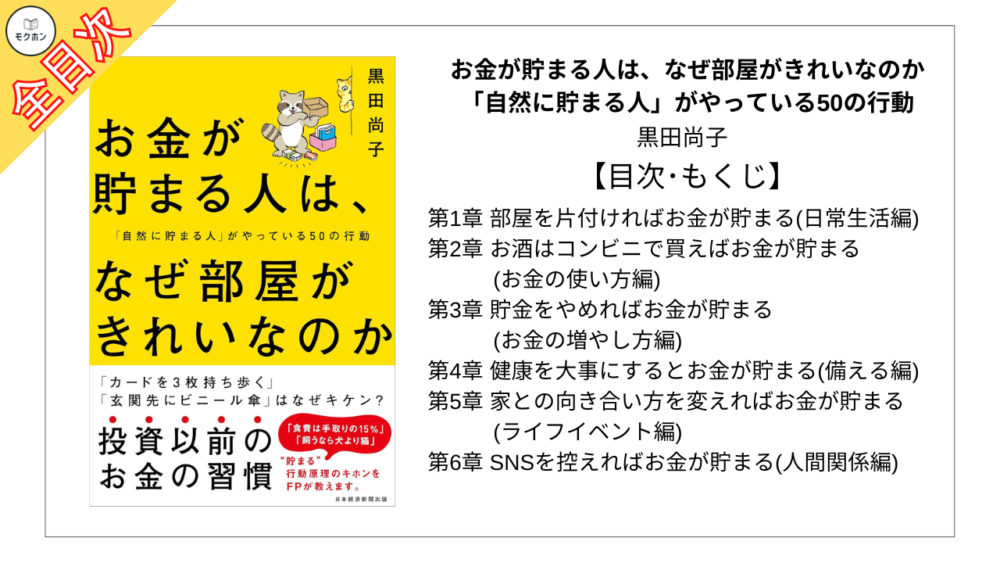 【全目次】お金が貯まる人は、なぜ部屋がきれいなのか 「自然に貯まる人」がやっている50の行動 / 黒田尚子【要約･もくじ･評価感想】 #お金が貯まる人はなぜ部屋がきれいなのか #黒田尚子