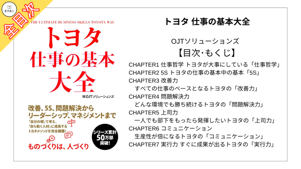 【全目次】トヨタ 仕事の基本大全 / OJTソリューションズ【要約･もくじ･評価感想】 #トヨタ仕事の基本大全 #トヨタ #OJTソリューションズ