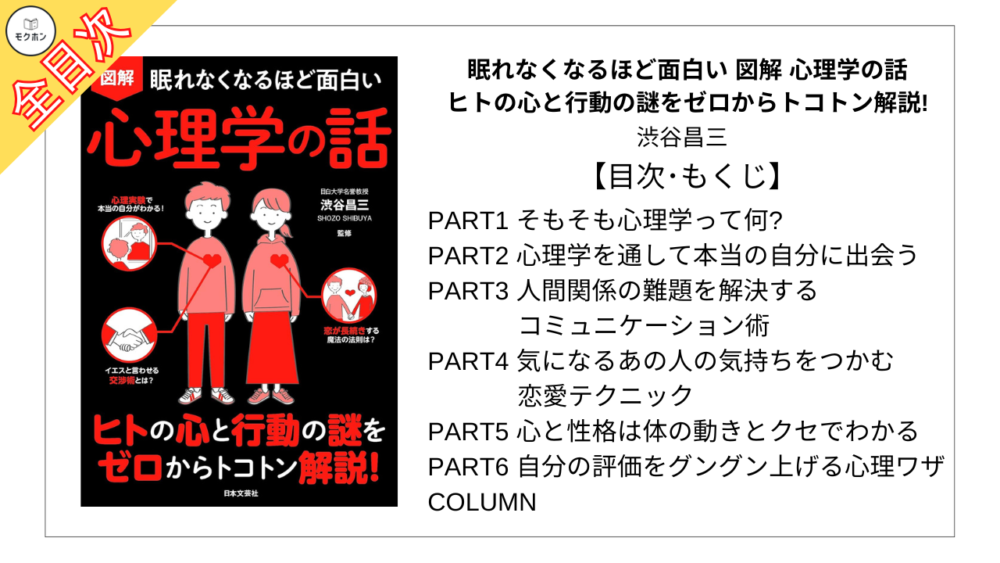 【全目次】眠れなくなるほど面白い 図解 心理学の話: ヒトの心と行動の謎をゼロからトコトン解説! / 渋谷昌三【要約･もくじ･評価感想】 #眠れなくなるほど面白い図解 #心理学の話 #渋谷昌三