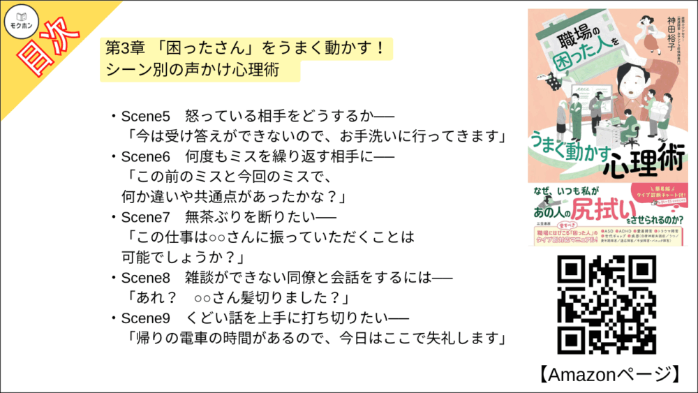 【職場の「困った人」をうまく動かす心理術 目次】第3章 「困ったさん」をうまく動かす！　シーン別の声かけ心理術　【神田裕子･要点･もくじ】