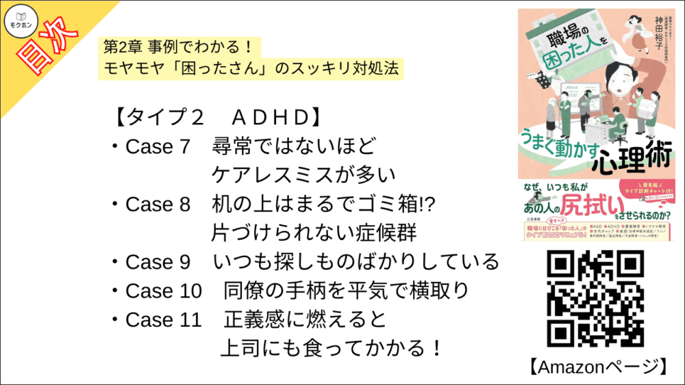 【職場の「困った人」をうまく動かす心理術 目次】第2章 事例でわかる！　モヤモヤ「困ったさん」のスッキリ対処法【神田裕子･要点･もくじ】