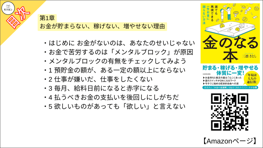 【金のなる本 誰でも再現できる一生お金に困らない方法 目次】第1章 お金が貯まらない、稼げない、増やせない理由【三凛さとし･要点･もくじ】

はじめに お金がないのは、あなたのせいじゃない

お金で苦労するのは「メンタルブロック」が原因
メンタルブロックの有無をチェックしてみよう
1 預貯金の額が、ある一定の額以上にならない
2 仕事が嫌いだ、仕事をしたくない
3 毎月、給料日前になると赤字になる
4 払うべきお金の支払いを後回しにしがちだ
5 欲しいものがあっても「欲しい」と言えない