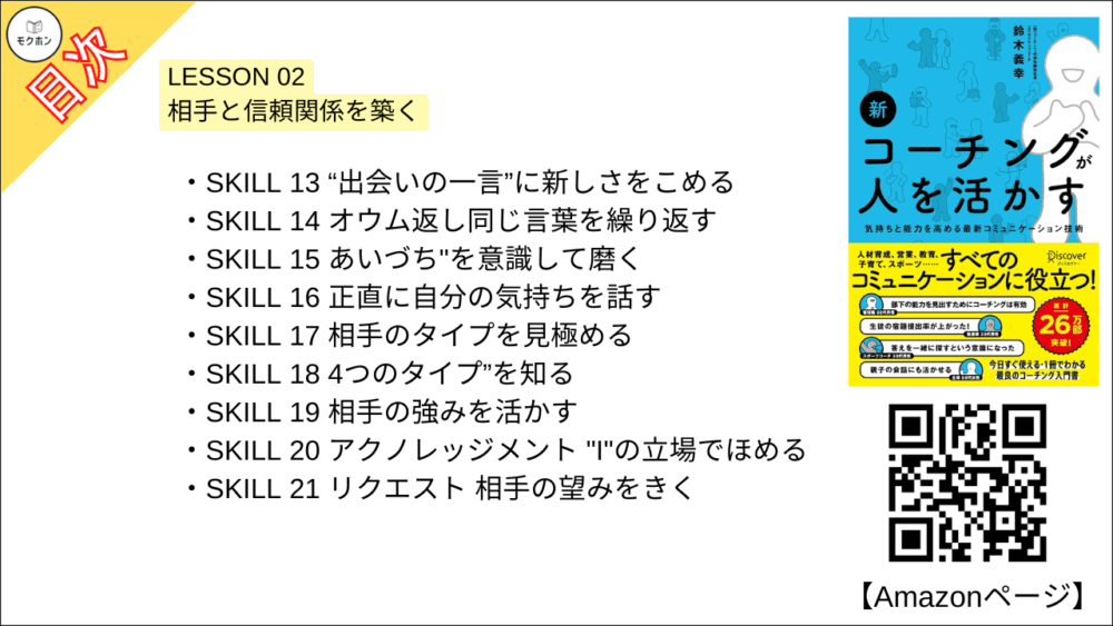 【新 コーチングが人を活かす 目次】LESSON02 相手と信頼関係を築く【鈴木義幸･要点･もくじ】

SKILL 13 “出会いの一言”に新しさをこめる
SKILL 14 オウム返し同じ言葉を繰り返す
SKILL 15 あいづち"を意識して磨く
SKILL 16 正直に自分の気持ちを話す
SKILL 17 相手のタイプを見極める
SKILL 18 4つのタイプ”を知る
SKILL 19 相手の強みを活かす
SKILL 20 アクノレッジメント "I"の立場でほめる
SKILL 21 リクエスト 相手の望みをきく