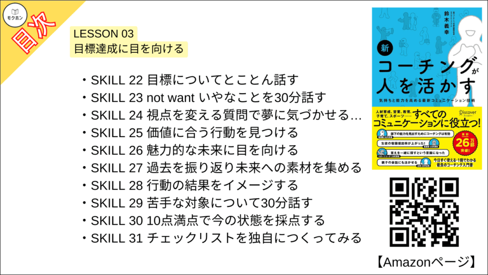 【新 コーチングが人を活かす 目次】LESSON 03 目標達成に目を向ける【鈴木義幸･要点･もくじ】

SKILL 22 目標についてとことん話す
SKILL 23 not want いやなことを30分話す
SKILL 24 視点を変える質問で夢に気づかせる…
SKILL 25 価値に合う行動を見つける
SKILL 26 魅力的な未来に目を向ける
SKILL 27 過去を振り返り未来への素材を集める
SKILL 28 行動の結果をイメージする
SKILL 29 苦手な対象について30分話す
SKILL 30 10点満点で今の状態を採点する
SKILL 31 チェックリストを独自につくってみる
