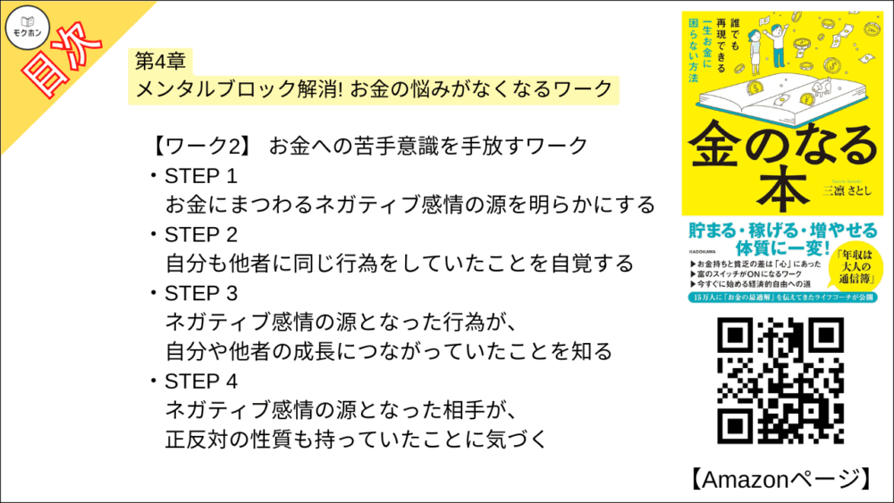 【金のなる本 誰でも再現できる一生お金に困らない方法 目次】第4章 メンタルブロック解消! お金の悩みがなくなるワーク【三凛さとし･要点･もくじ】

・やる人とやらない人では雲泥の差が出る
【ワーク1】お金のありのままの姿を知るワーク
STEP 1 お金が人類にもたらした「ネガティブ」なこと
STEP 2 お金が人類にもたらした「ポジティブ」なこと
STEP 3 お金が自分個人にもたらした「ネガティブ」なこと
STEP 4 お金が自分個人にもたらした「ポジティブ」なこと

【ワーク2】 お金への苦手意識を手放すワーク
STEP 1 お金にまつわるネガティブ感情の源を明らかにする
STEP 2 自分も他者に同じ行為をしていたことを自覚する
STEP 3 ネガティブ感情の源となった行為が、自分や他者の成長につながっていたことを知る
STEP 4 ネガティブ感情の源となった相手が、正反対の性質も持っていたことに気づく