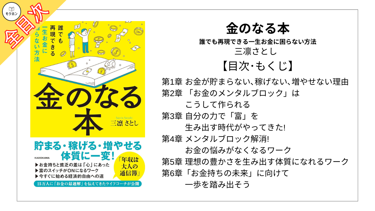 【全目次】金のなる本 誰でも再現できる一生お金に困らない方法 / 三凛さとし【要約･もくじ･評価感想】#金のなる本 #三凛さとし