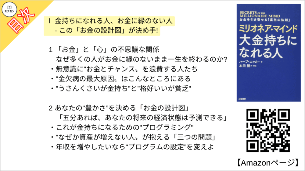 【ミリオネア・マインド 大金持ちになれる人 目次】Ⅰ 金持ちになれる人、お金に縁のない人 - この「お金の設計図」が決め手!【ハーブ・エッカー･要点･もくじ】

1 「お金」と「心」の不思議な関係 ･･･ なぜ多くの人がお金に縁のないまま一生を終わるのか?

無意識に"お金とチャンス〟を浪費する人たち
"金欠病の最大原因〟はこんなところにある
"うさんくさいが金持ち”と”格好いいが貧乏" 

2 あなたの豊かさ”を決める「お金の設計図」 ･･･ 「五分あれば、あなたの将来の経済状態は予測できる」

これが金持ちになるための"プログラミング"
"なぜか資産が増えない人〟が抱える「三つの問題」
年収を増やしたいなら"プログラムの設定”を変えよ