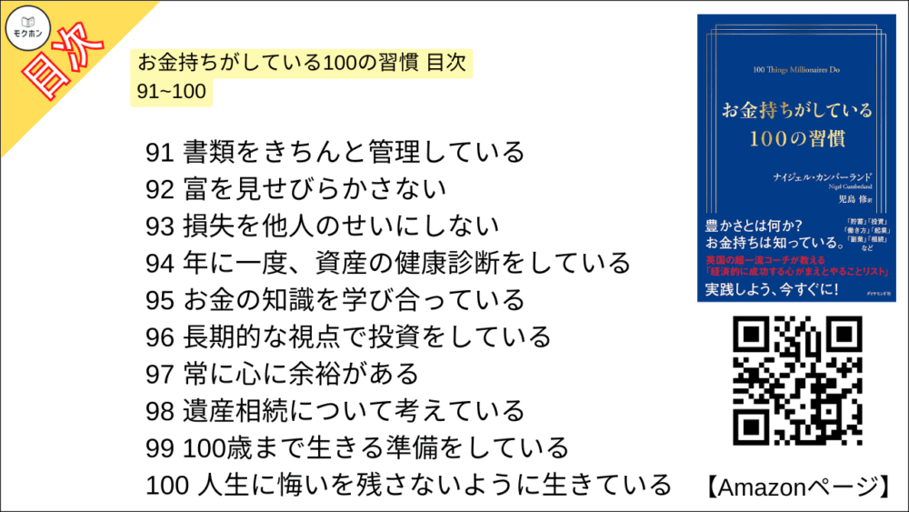 お金持ちがしている100の習慣 目次 91~100

91 書類をきちんと管理している
92 富を見せびらかさない
93 損失を他人のせいにしない
94 年に一度、資産の健康診断をしている
95 お金の知識を学び合っている
96 長期的な視点で投資をしている
97 常に心に余裕がある
98 遺産相続について考えている
99 100歳まで生きる準備をしている
100 人生に悔いを残さないように生きている