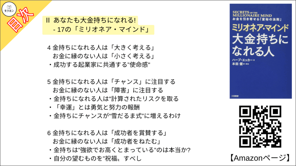 4 金持ちになれる人は「大きく考える」 ･･･ お金に縁のない人は「小さく考える」
成功する起業家に共通する”使命感"

5 金持ちになれる人は「チャンス」に注目する ･･･ お金に縁のない人は「障害」に注目する
金持ちになれる人は"計算されたリスクを取る
「幸運」とは勇気と努力の報酬
金持ちにチャンスが“雪だるま式”に増えるわけ

6 金持ちになれる人は「成功者を賞賛する」 ･･･ お金に縁のない人は「成功者をねたむ」
金持ちは”強欲でお高くとまっている”のは本当か?
自分の望むものを”祝福〟すべし