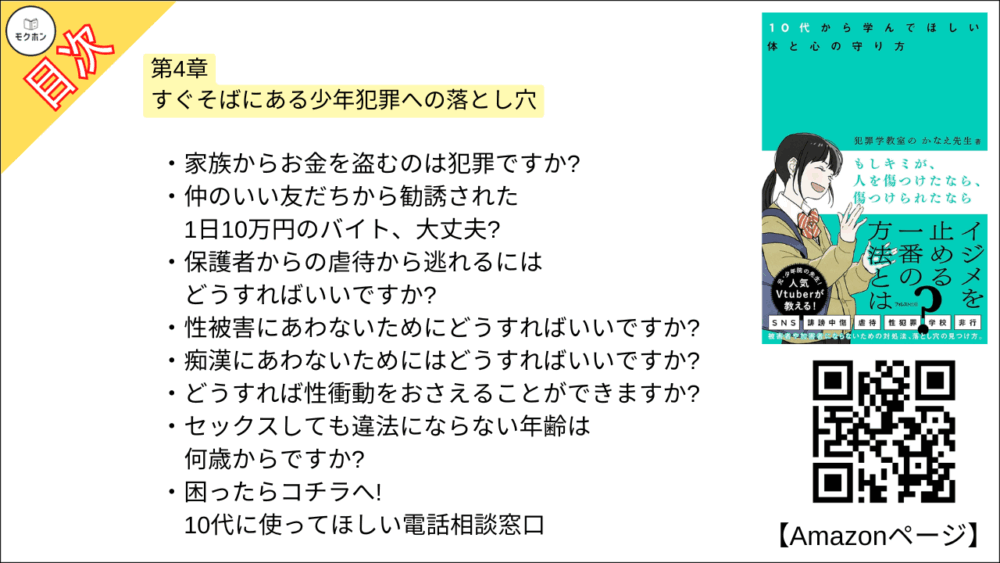 【もしキミが、人を傷つけたなら、傷つけられたなら 目次】第4章 すぐそばにある少年犯罪への落とし穴【犯罪学教室のかなえ先生･要点･もくじ】

家族からお金を盗むのは犯罪ですか?
仲のいい友だちから勧誘された1日10万円のバイト、大丈夫?
保護者からの虐待から逃れるにはどうすればいいですか?
性被害にあわないためにどうすればいいですか?
痴漢にあわないためにはどうすればいいですか?
どうすれば性衝動をおさえることができますか?
セックスしても違法にならない年齢は何歳からですか?

困ったらコチラへ!
10代に使ってほしい電話相談窓口
