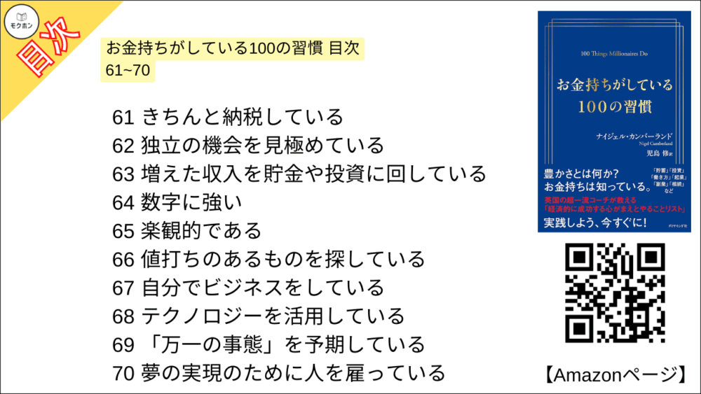 お金持ちがしている100の習慣 目次 61~70

61 きちんと納税している
62 独立の機会を見極めている
63 増えた収入を貯金や投資に回している
64 数字に強い
65 楽観的である
66 値打ちのあるものを探している
67 自分でビジネスをしている
68 テクノロジーを活用している
69 「万一の事態」を予期している
70 夢の実現のために人を雇っている