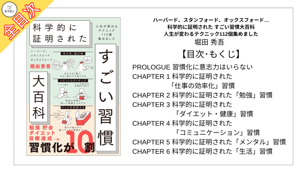 【全目次】ハーバード、スタンフォード、オックスフォード… 科学的に証明された すごい習慣大百科 人生が変わるテクニック112個集めました / 堀田 秀吾【要約･もくじ･評価感想】 #科学的に証明されたすごい習慣大百科 #堀田秀吾