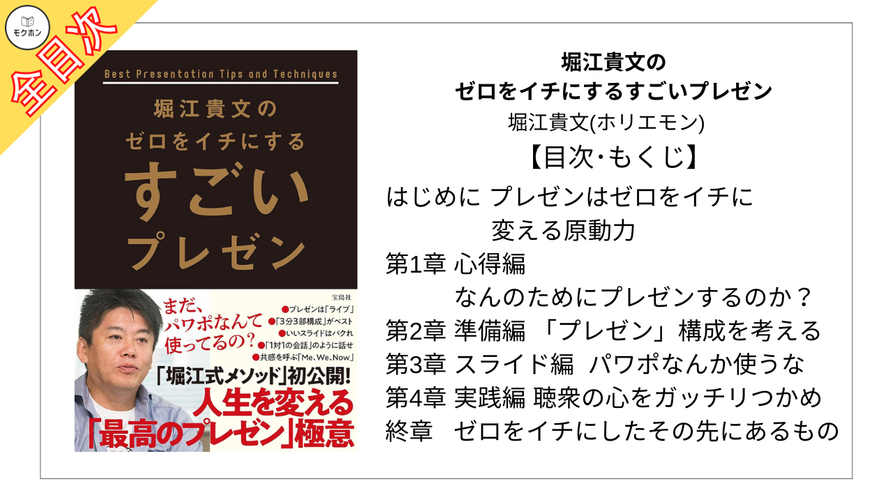 【全目次】堀江貴文のゼロをイチにするすごいプレゼン  / 堀江貴文(ホリエモン) 【要約･もくじ･評価感想･モクホン】 #堀江貴文のゼロをイチにするすごいプレゼン #プレゼン #堀江貴文 #ホリエモン